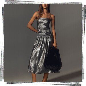 NWT: 70's Disco Inspired Silver Foil Flash Ruched Drop-Waist Midi Dress (S)